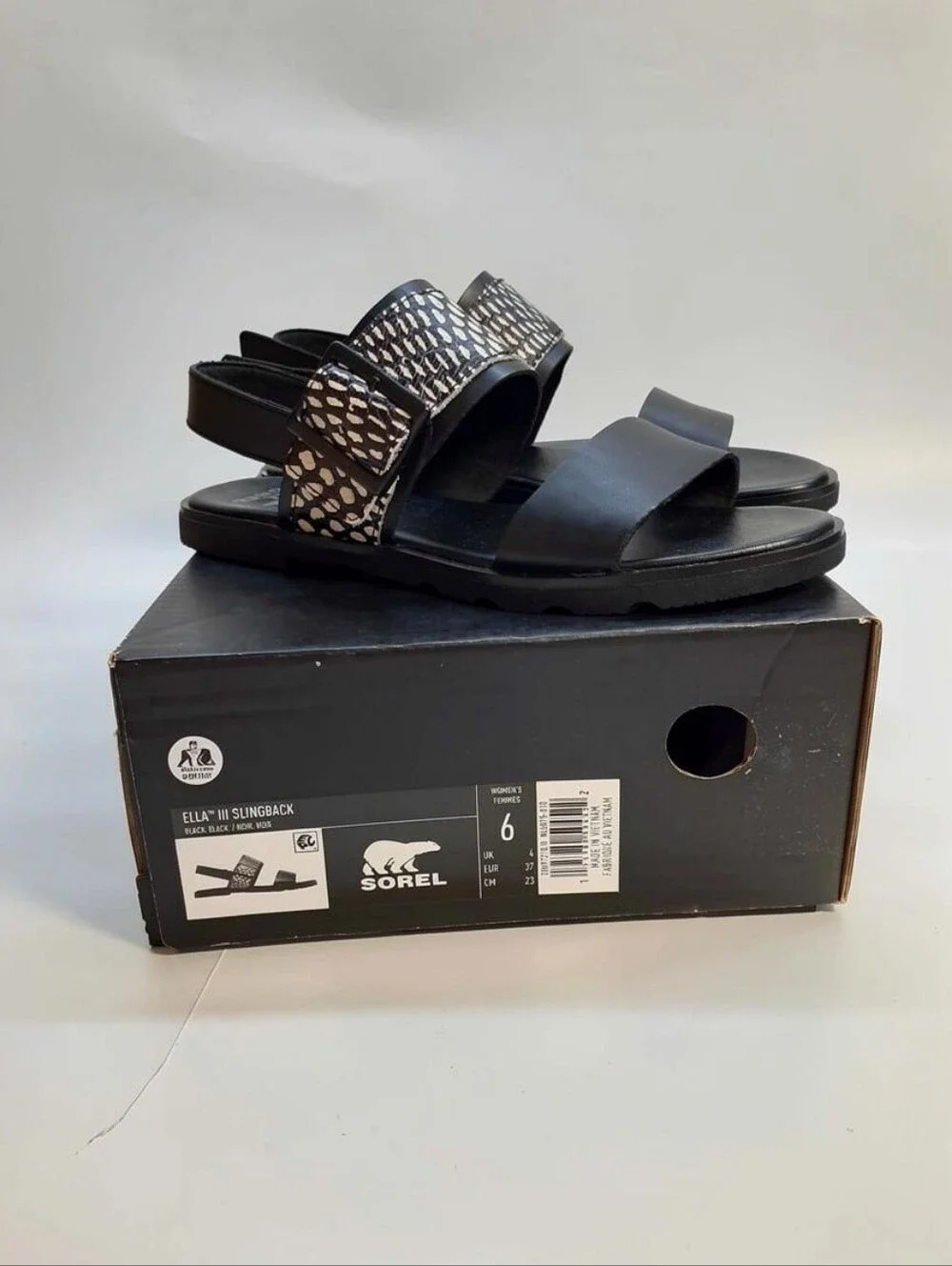 Sorel Ella III Leather Black Sandals Womens Size 6 New
